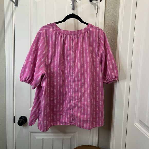 Lane Bryant Pink Striped Half Sleeve Elastic Cuff V Neck Popover Top Women Sz 20 - Picture 6 of 9